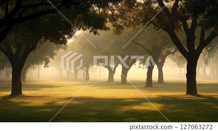 Silhouetted Trees in a Foggy Meadow Silhouetted Trees in a Foggy Meadow 127063272
