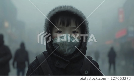 A Young Child Wearing a Face Mask in Smog-Filled City Streets A Young Child Wearing a Face Mask in Smog-Filled City Streets 127063273