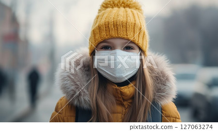 Young Girl in Yellow Hat and Face Mask Looking at Camera Young Girl in Yellow Hat and Face Mask Looking at Camera 127063274