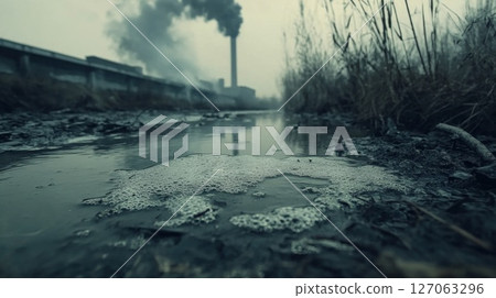 A Foamy Patch in a Polluted Stream with a Factory in the Distance 127063296