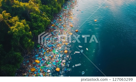Aerial View of Plastic Pollution Accumulated Along a Shoreline 127063299