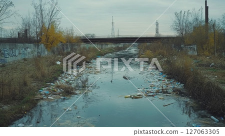 A polluted canal flowing under an urban bridge A polluted canal flowing under an urban bridge 127063305