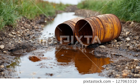 Rusty Barrels Leaking Contaminated Liquid into a Ditch Rusty Barrels Leaking Contaminated Liquid into a Ditch 127063310
