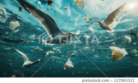 Seagulls Flying Through Plastic-Filled Ocean Waters 127063322