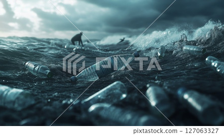 Plastic Bottles Floating in a Rough Sea Plastic Bottles Floating in a Rough Sea 127063327