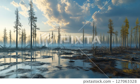 A Foggy Swamp with Tall Trees and a Hazy Sky 127063328