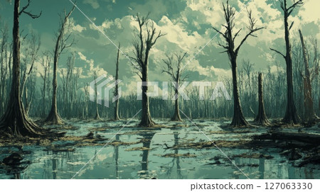 A Flooded Forest with Bare Trees and a Cloudy Sky 127063330