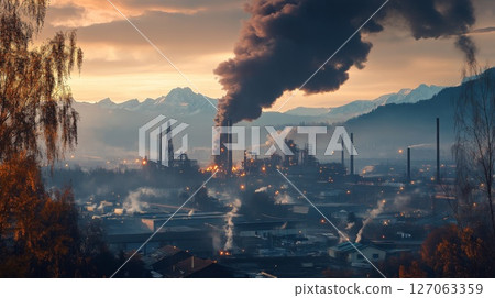Industrial Plant Against a Mountainous Sunset with Plumes of Smoke Industrial Plant Against a Mountainous Sunset with Plumes of Smoke 127063359