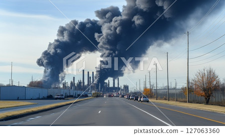 Black Smoke Plumes From Industrial Plant Over Road and Cars Black Smoke Plumes From Industrial Plant Over Road and Cars 127063360