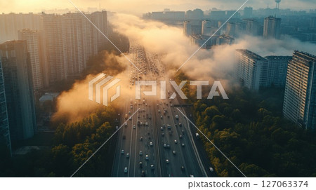 Morning Fog Enveloping Cityscape and Highway Morning Fog Enveloping Cityscape and Highway 127063374