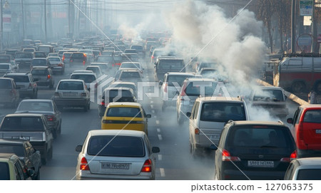 Traffic Congestion with Smoke and Exhaust Fumes 127063375