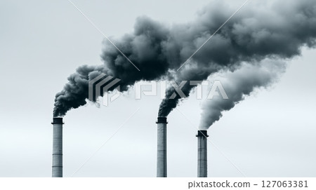 Three Industrial Chimneys Emitting Dark Smoke into a Grey Sky 127063381