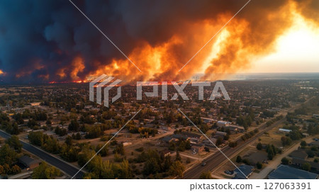 Aerial View of a Wildfire Approaching a Suburban Neighborhood 127063391
