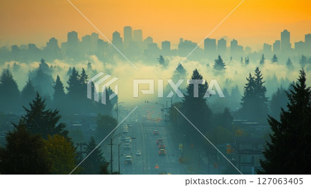 Cityscape Skyline Hidden by Fog and Trees with Cars on Road Below 127063405
