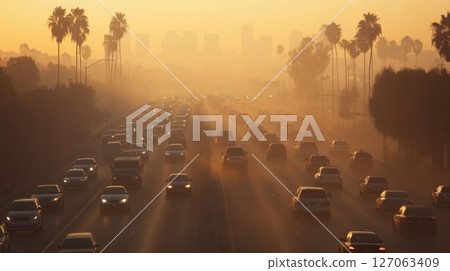 A hazy sunset over a highway with cars and palm trees 127063409
