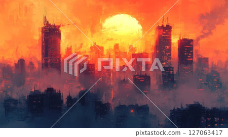A city skyline silhouetted against an orange sunset with a large, bright sun in the sky. A city skyline silhouetted against an orange sunset with a large, bright sun in the sky. 127063417