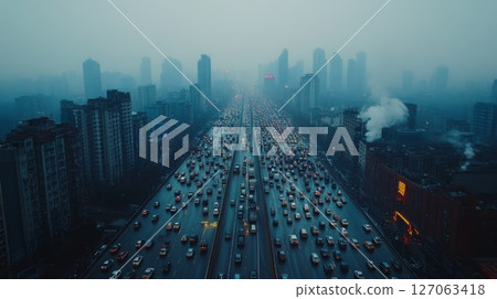 A Foggy Cityscape with Traffic Jam and High-Rise Buildings A Foggy Cityscape with Traffic Jam and High-Rise Buildings 127063418