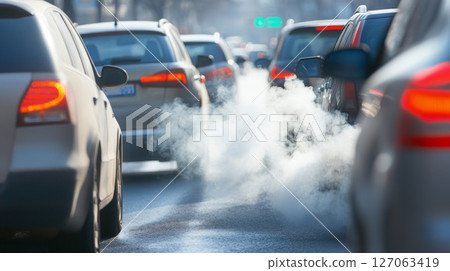 White Exhaust Smoke From a Car in Traffic White Exhaust Smoke From a Car in Traffic 127063419