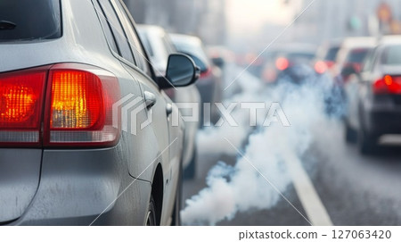 Car Exhaust Smoke in City Traffic Car Exhaust Smoke in City Traffic 127063420