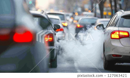 Car Exhaust Smoke in a Traffic Jam Car Exhaust Smoke in a Traffic Jam 127063421