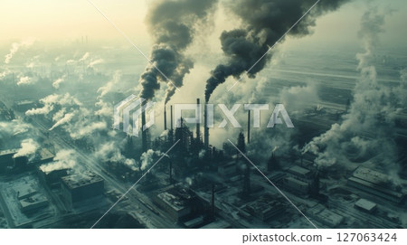 Aerial View of Industrial Complex with Smoke Plumes Aerial View of Industrial Complex with Smoke Plumes 127063424