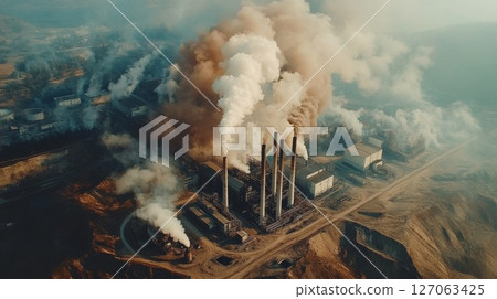 Aerial View of an Industrial Complex with Smoke Plumes Aerial View of an Industrial Complex with Smoke Plumes 127063425