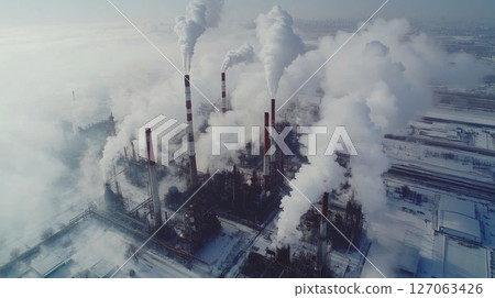 Industrial Complex in Snowy Landscape with Plumes of Smoke Industrial Complex in Snowy Landscape with Plumes of Smoke 127063426