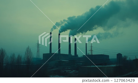 Industrial Smokestacks Emitting Plumes of Smoke Against a Cloudy Sky 127063429