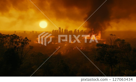 A City Skyline Amidst a Burning Forest Under an Orange Sky 127063434