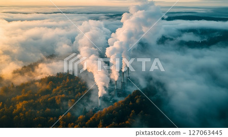 Industrial Smoke Plumes Erupting Through Foggy Forest Industrial Smoke Plumes Erupting Through Foggy Forest 127063445