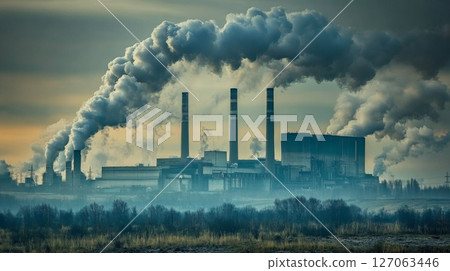 Industrial Power Plant with Plumes of Smoke Emitting from Tall Chimneys 127063446