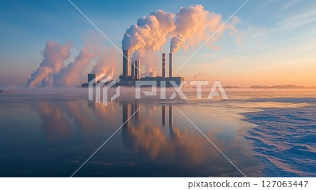 Industrial Plant with Steam Plumes Reflecting in Frozen Water at Sunset Industrial Plant with Steam Plumes Reflecting in Frozen Water at Sunset 127063447