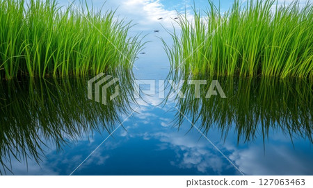 Lush Green Grass Reflecting in Still Water with Blue Sky and Clouds Lush Green Grass Reflecting in Still Water with Blue Sky and Clouds 127063463
