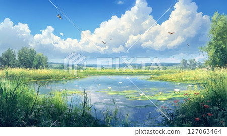 Serene Pond with Lush Grass and White Water Lilies Under a Blue Sky 127063464