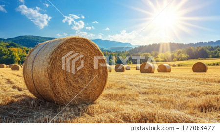 Hay Bales in a Golden Field Under a Sun-Drenched Sky 127063477