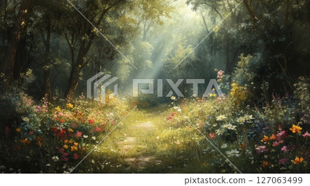 Sunlit Path Through a Lush Forest Clearing Sunlit Path Through a Lush Forest Clearing 127063499
