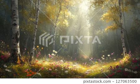 Sunbeams Illuminating a Forest Path Lined with Wildflowers 127063500