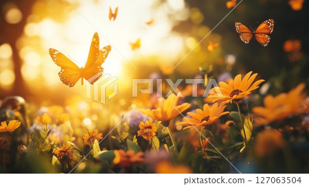 Butterfly Flying Over a Field of Yellow Flowers at Sunset 127063504
