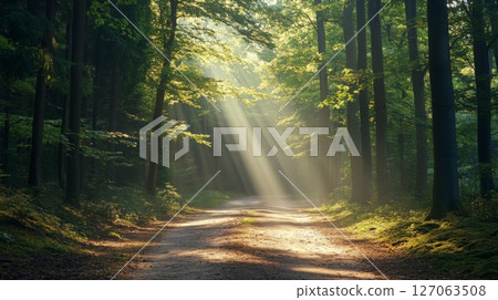 Sunbeams Illuminating a Path Through a Lush Forest 127063508