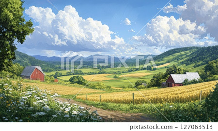 Rural Landscape with Two Red Barns and Wheat Fields Rural Landscape with Two Red Barns and Wheat Fields 127063513