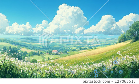 Rolling Green Hills with White Flowers and a Cloudy Sky 127063515