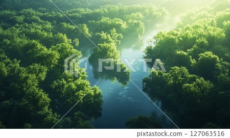 Aerial View of a River Winding Through a Lush Forest Aerial View of a River Winding Through a Lush Forest 127063516