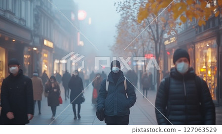 People Walking in a Foggy City Street, Wearing Face Masks People Walking in a Foggy City Street, Wearing Face Masks 127063529
