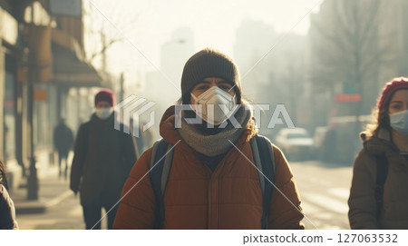 Woman in a Face Mask Walking on a Foggy City Street Woman in a Face Mask Walking on a Foggy City Street 127063532