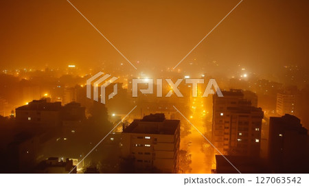 Urban Skyline Enveloped in Hazy Orange Glow at Night 127063542