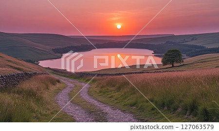 A Winding Path Leading to a Lake with Sunset Reflection 127063579
