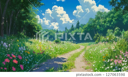 Winding Path Through a Summer Forest with Colorful Flowers Winding Path Through a Summer Forest with Colorful Flowers 127063598