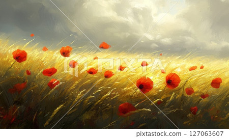 Red Poppies Swaying in a Golden Wheat Field Under a Cloudy Sky 127063607