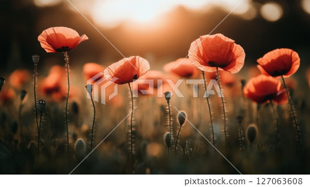 Poppies in a Field at Sunset, Capturing a Moment of Tranquility 127063608
