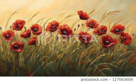 Vibrant Red Poppies in a Field of Green Grass Vibrant Red Poppies in a Field of Green Grass 127063609